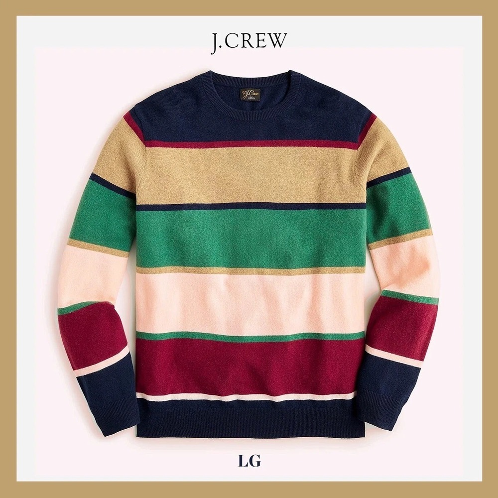 J Crew 100% Cashmere Sweater Mens XL Crewneck Pullover Knit Rugby Stripe BI838
